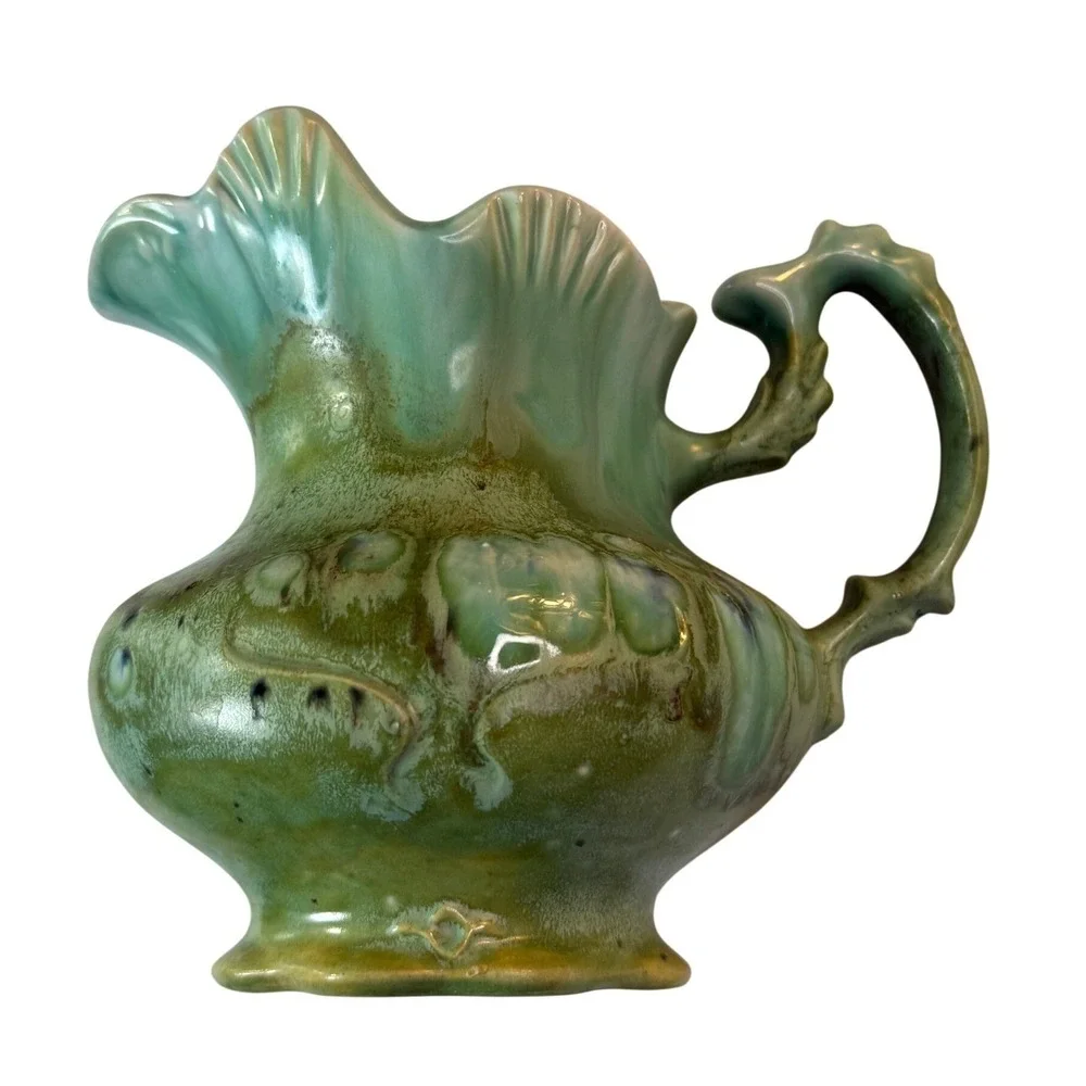 Vintage Studio Pottery Pitcher Green Drip Glaze Ewer Scalloped‎ Cottagecore